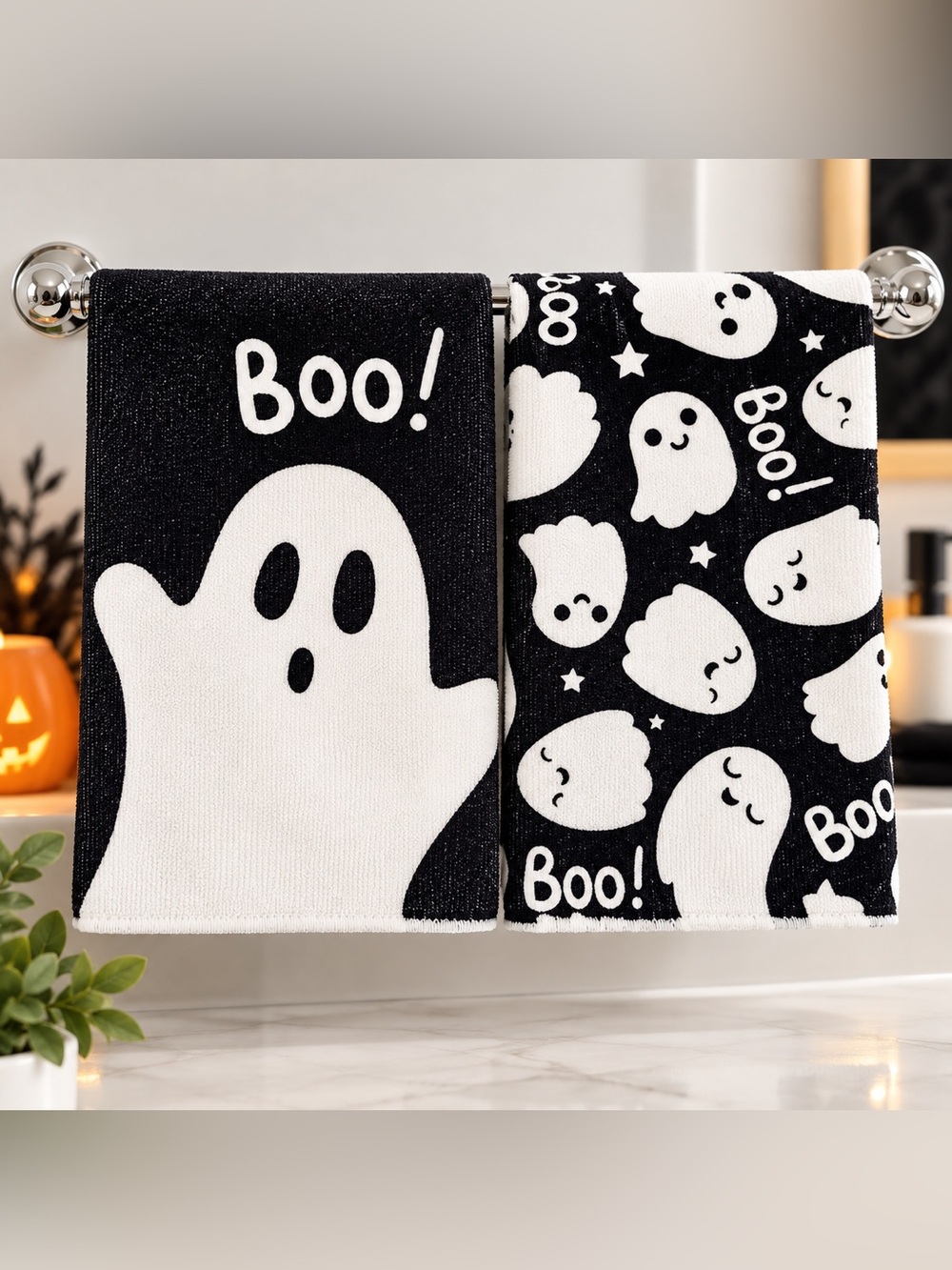 Halloween “Boo!” Ghost Microfiber Hand Towels – Set of 2 | 40 × 60 cm